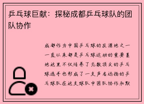 乒乓球巨献：探秘成都乒乓球队的团队协作