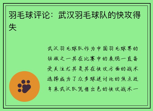 羽毛球评论：武汉羽毛球队的快攻得失