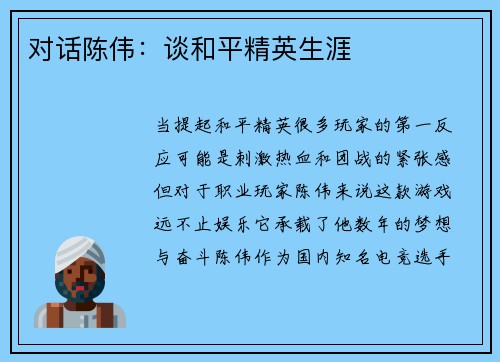对话陈伟：谈和平精英生涯