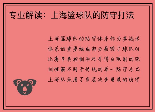 专业解读：上海篮球队的防守打法